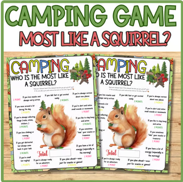 Who Is the Most Like a Squirrel? Camping Personality Game Fun Printable Activity