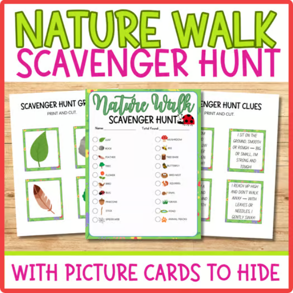 Nature Walk Scavenger Hunt Game with Clues & Picture Cards: Fun Outdoor Activity