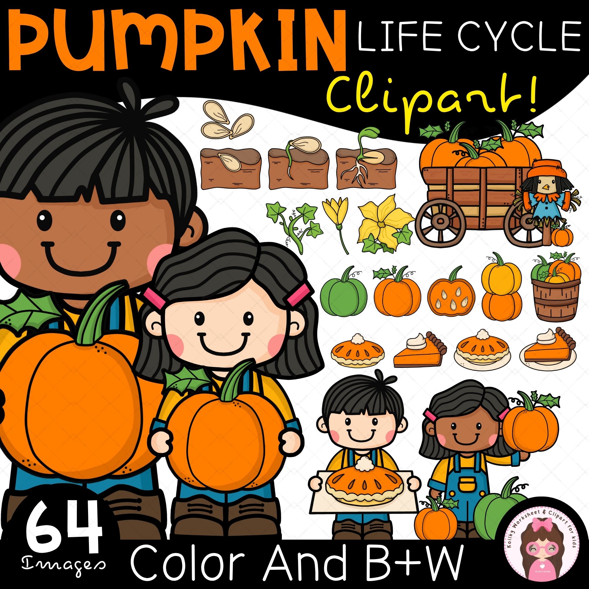Pumpkin Life Cycle Clipart | Color and B&W PNG Images for Fall