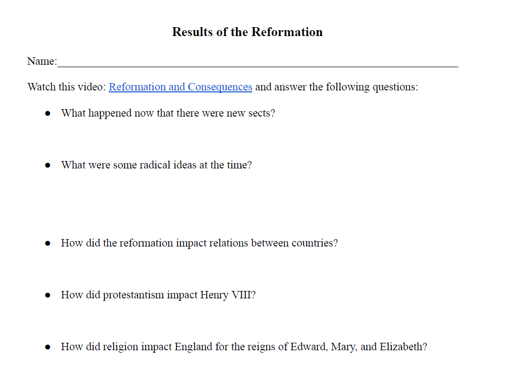 Reformation Questions