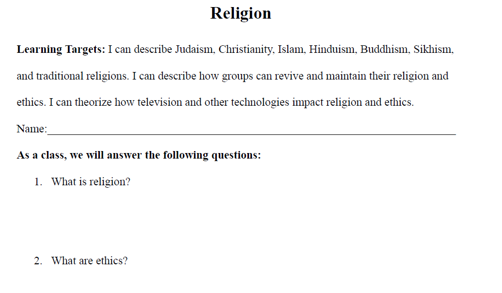 Religion Worksheet