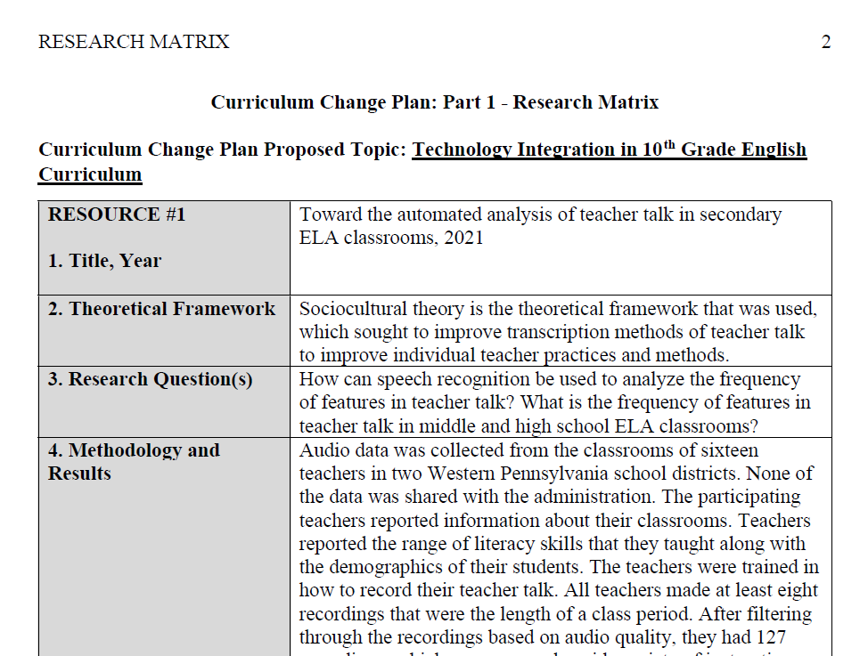 Research Matrix on Technology Integration in 10th Grade English