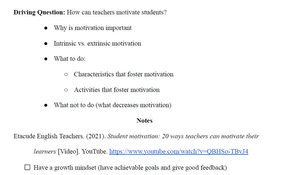 Research Notes on Student Motivation