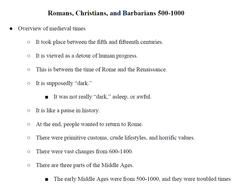 Romans, Christians, and Barbarians 500-1000 Notes