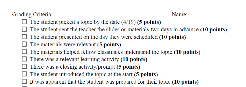 Rubric for Students to Teach the Class