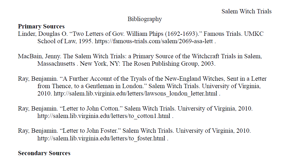 Salem Witch Trials Primary vs. Secondary Sources