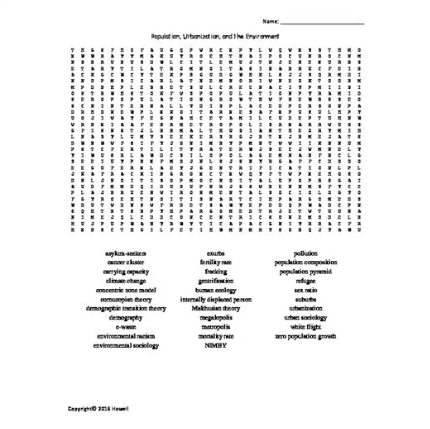 Population, Urbanization, and the Environment Word Search for Sociology