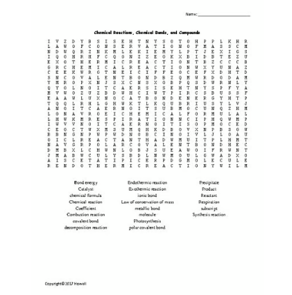 Chemical Reactions, Chemical Bonds, and Compounds Word Search