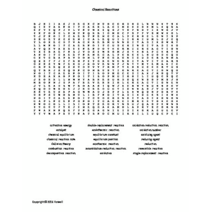 Chemical Reactions Word Search for General Chemistry