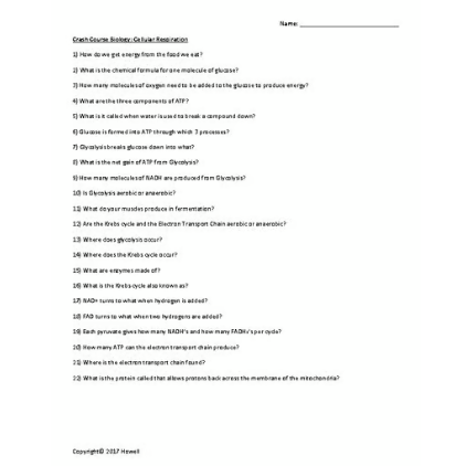 Crash Course Biology: Cellular Respiration Video Questions or Assessment