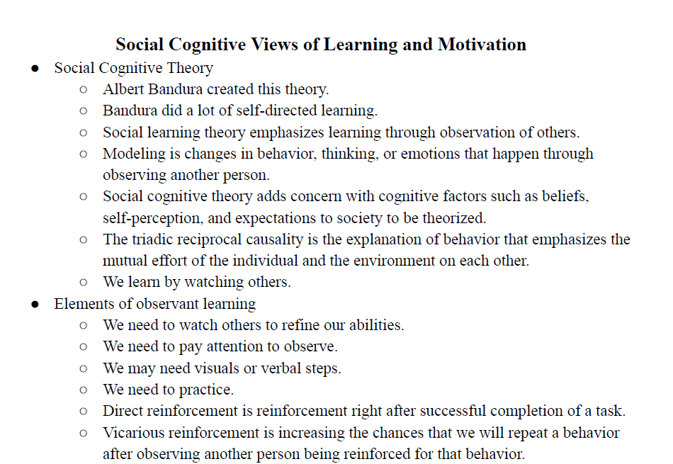Social Cognitive Views of Learning and Motivation Notes