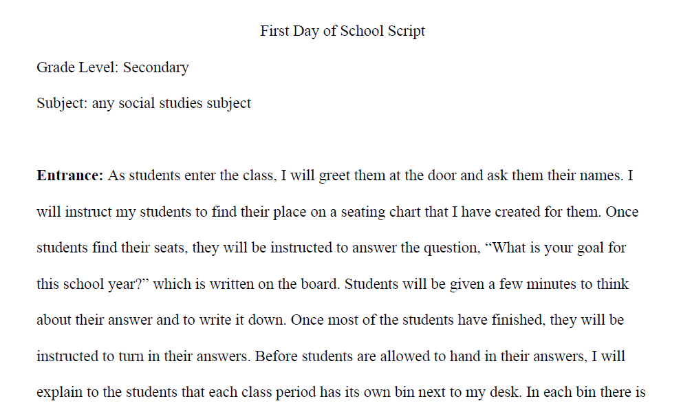 Social Studies Course First Day of School Script