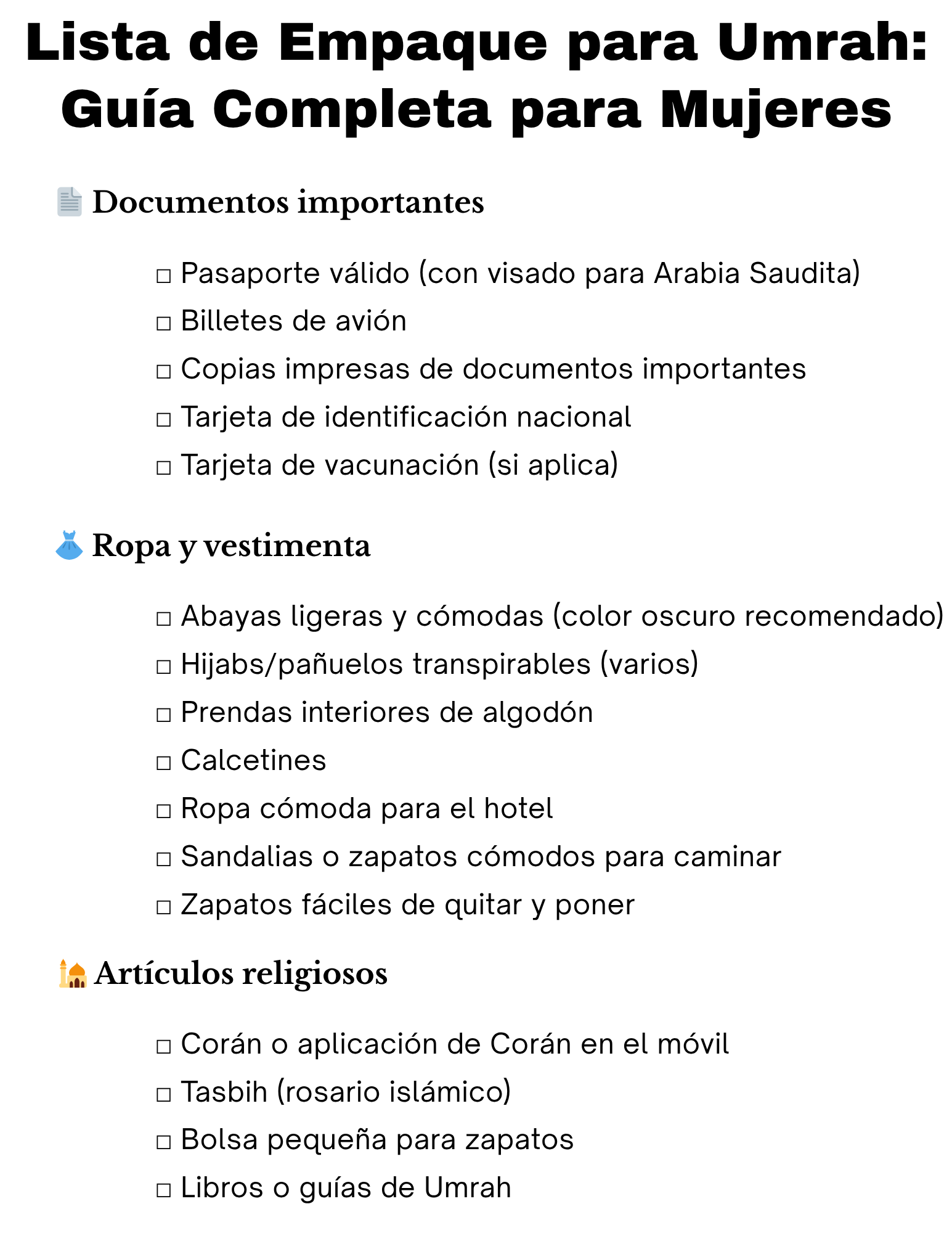 umrah packing list for ladies in Spanish (español)