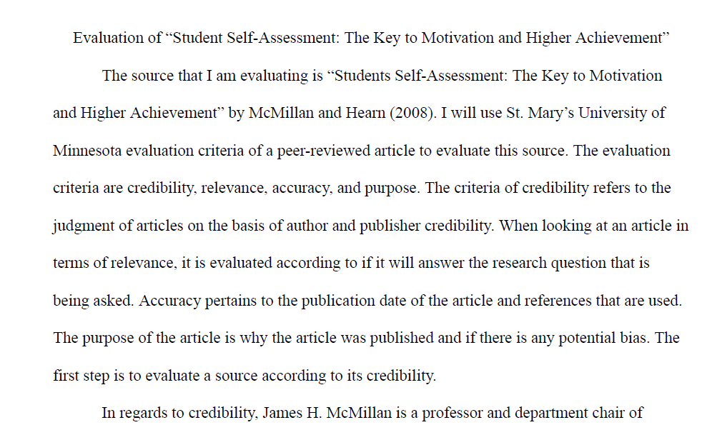 Source Evaluation Regarding Student Self-Assessment and Motivation