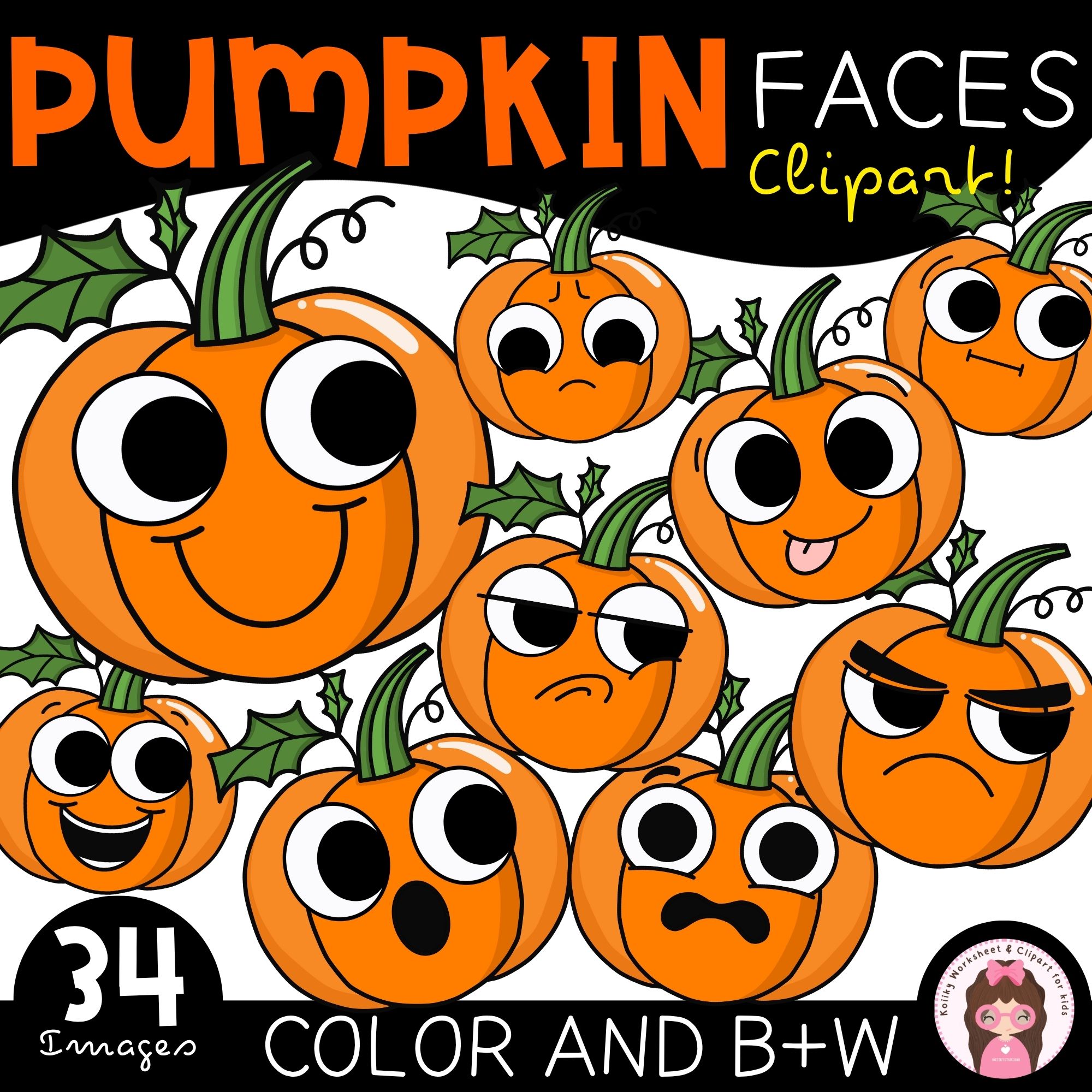 Pumpkin Faces Clipart Set Color and Black White PNG Fall Halloween Emotions