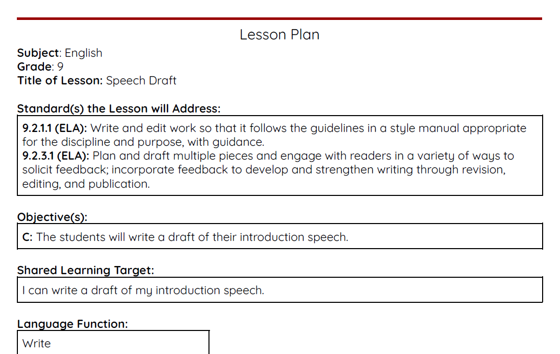 Speech Draft Lesson Plan
