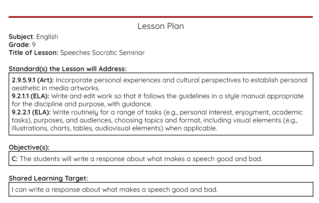 Speeches Socratic Seminar Lesson