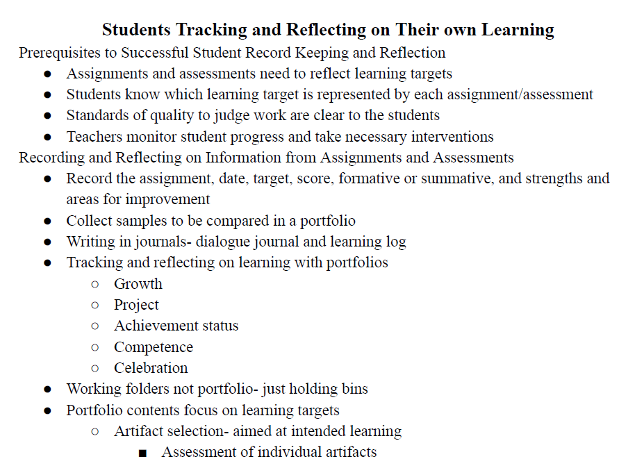 Students Tracking and Reflecting on Their Own Learning Notes