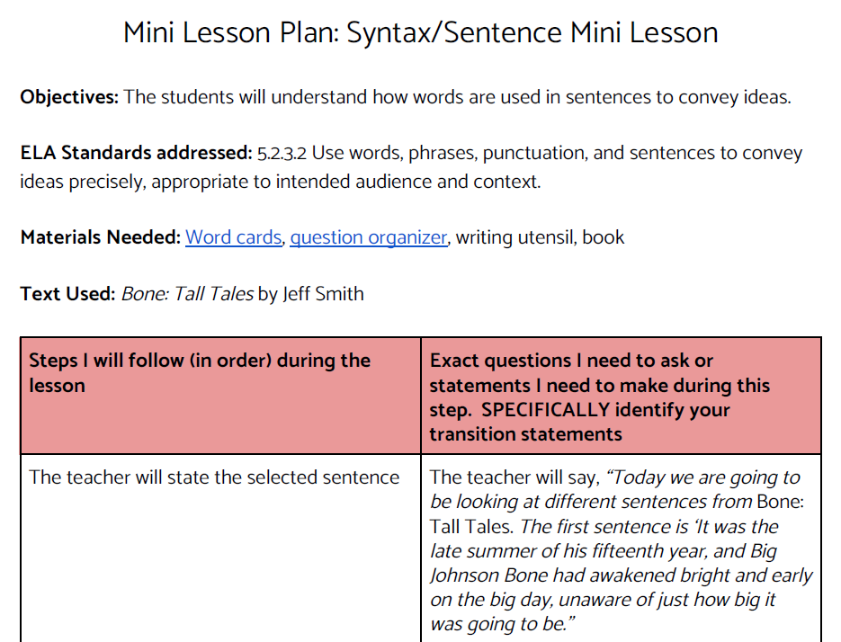 Syntax and Sentences Mini Lesson