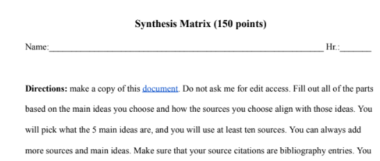 Synthesis Matrix Directions and Rubric