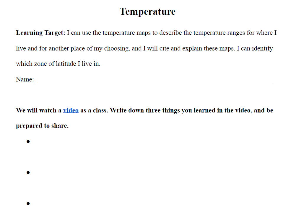Temperature Worksheet