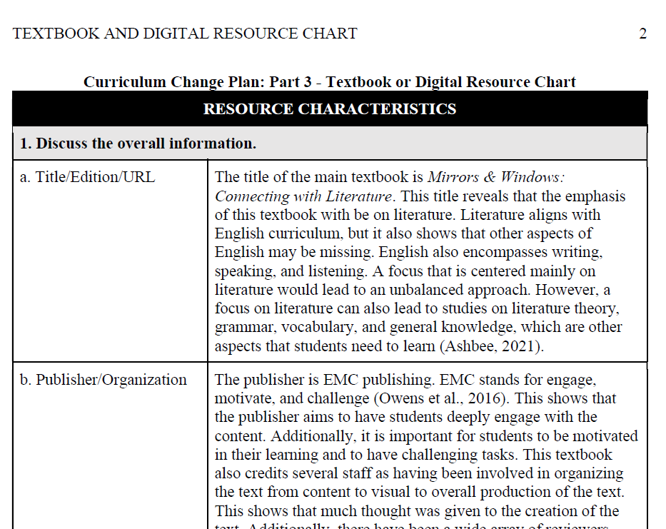 Textbook Chart for Technology Integration in 10th Grade English