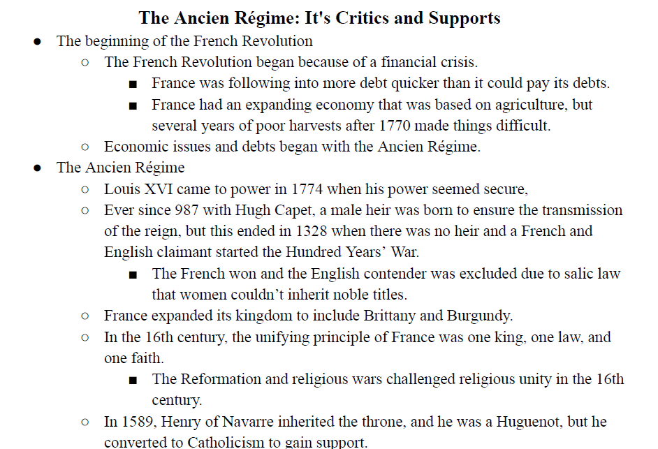 The Ancien Regime: It's Critics and Supporters Notes