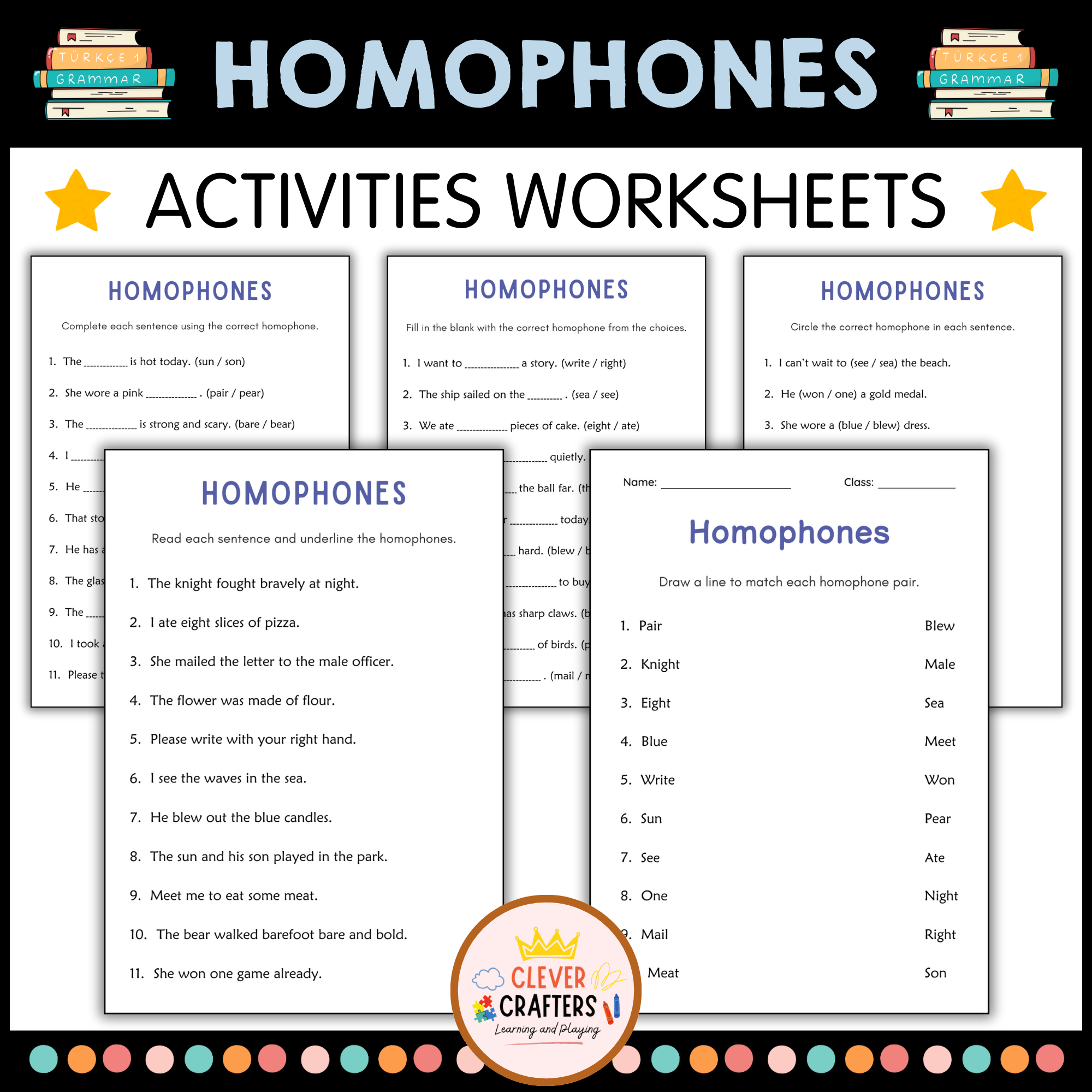 Difficult Homophones Sentences Grammar Worksheets for 1st, 2nd, and 3rd Grade