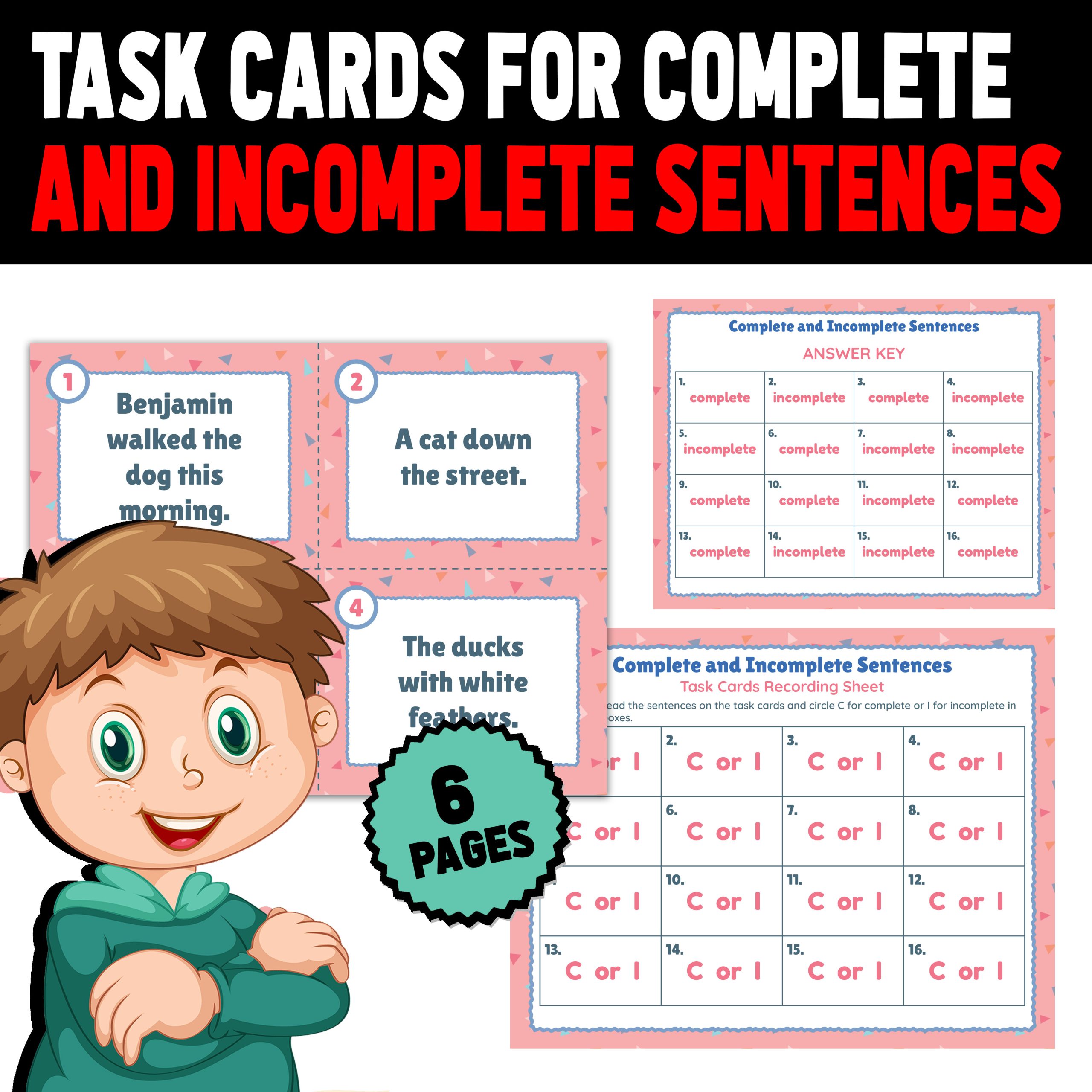 Task Cards for Complete and Incomplete Sentences