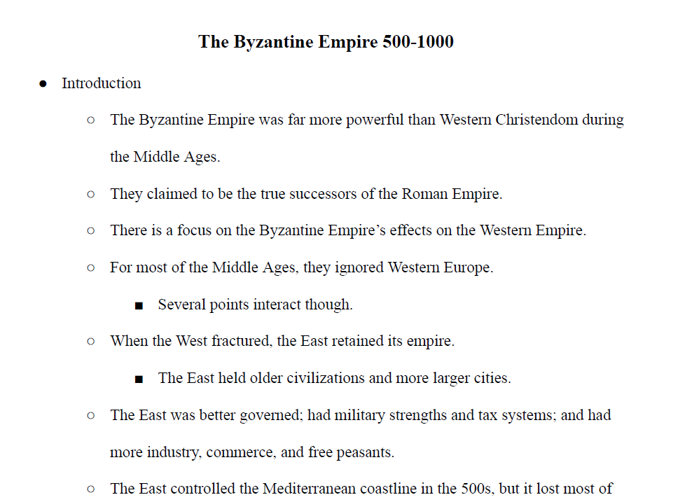 The Byzantine Empire 500-1000 Notes