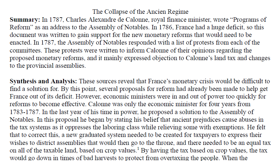 The Collapse of the Ancien Regime Primary Source Analysis