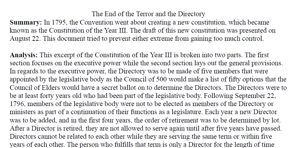 The End of the Terror and the Directory Primary Source Analysis