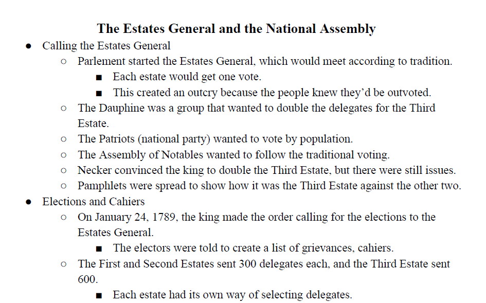 The Estates General and the National Assembly Notes