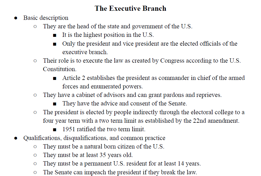 The Executive Branch Notes