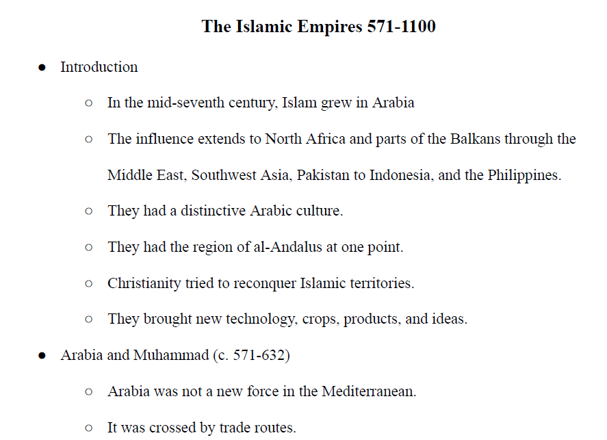 The Islamic Empires 571-1100 Notes