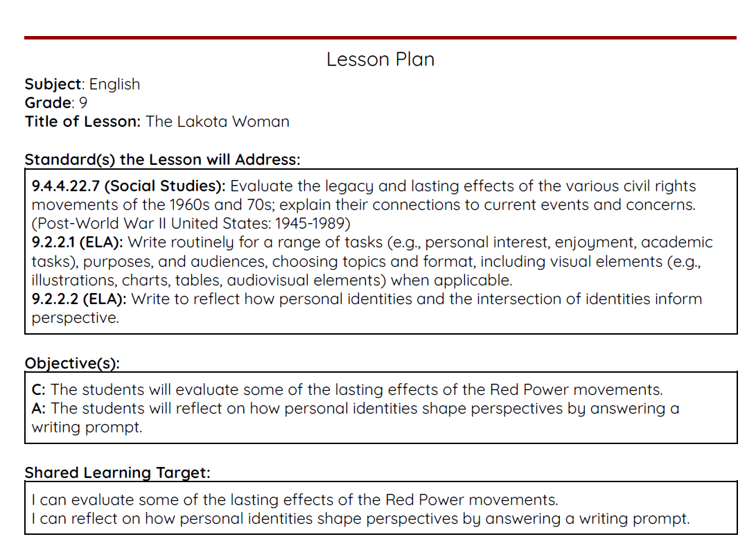 The Lakota Woman Lesson Plan