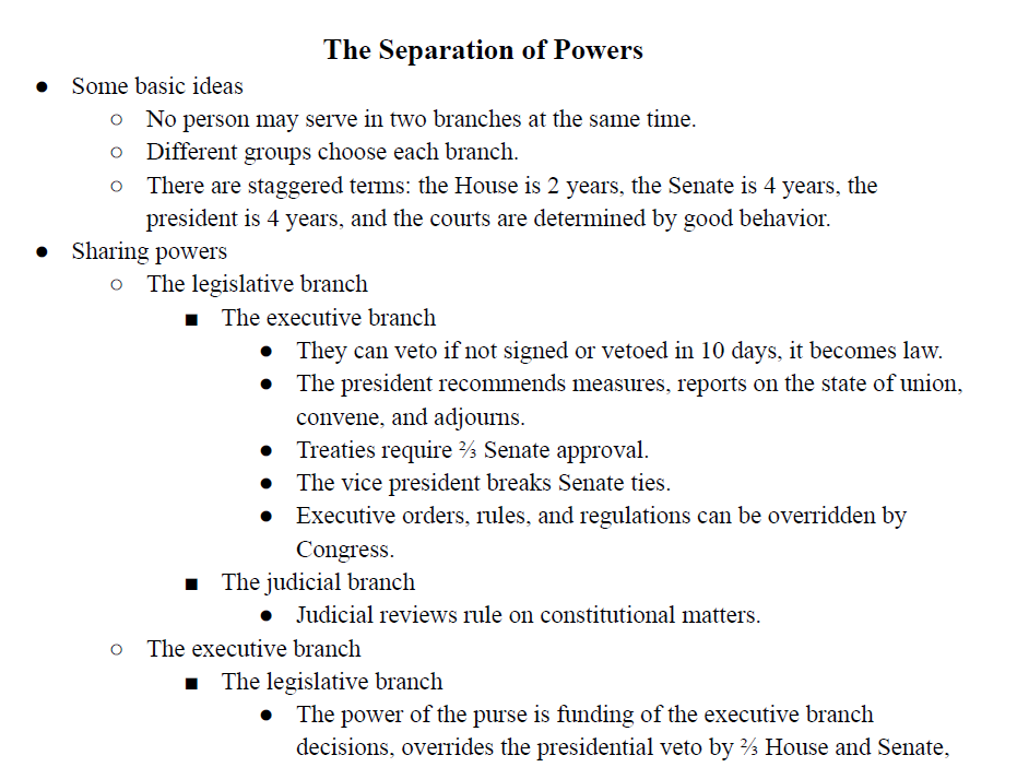 The Separation of Powers Notes
