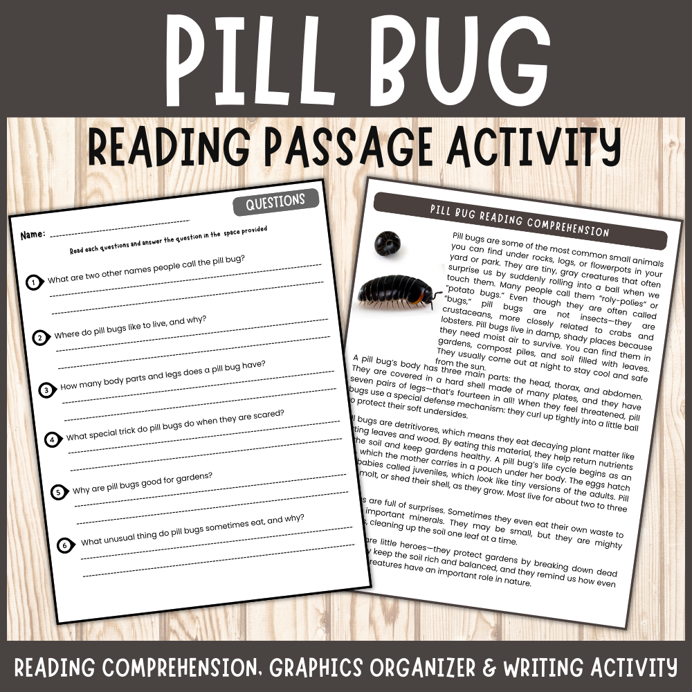 Pill bug roly poly reading passage comprehension questions graphics organizers