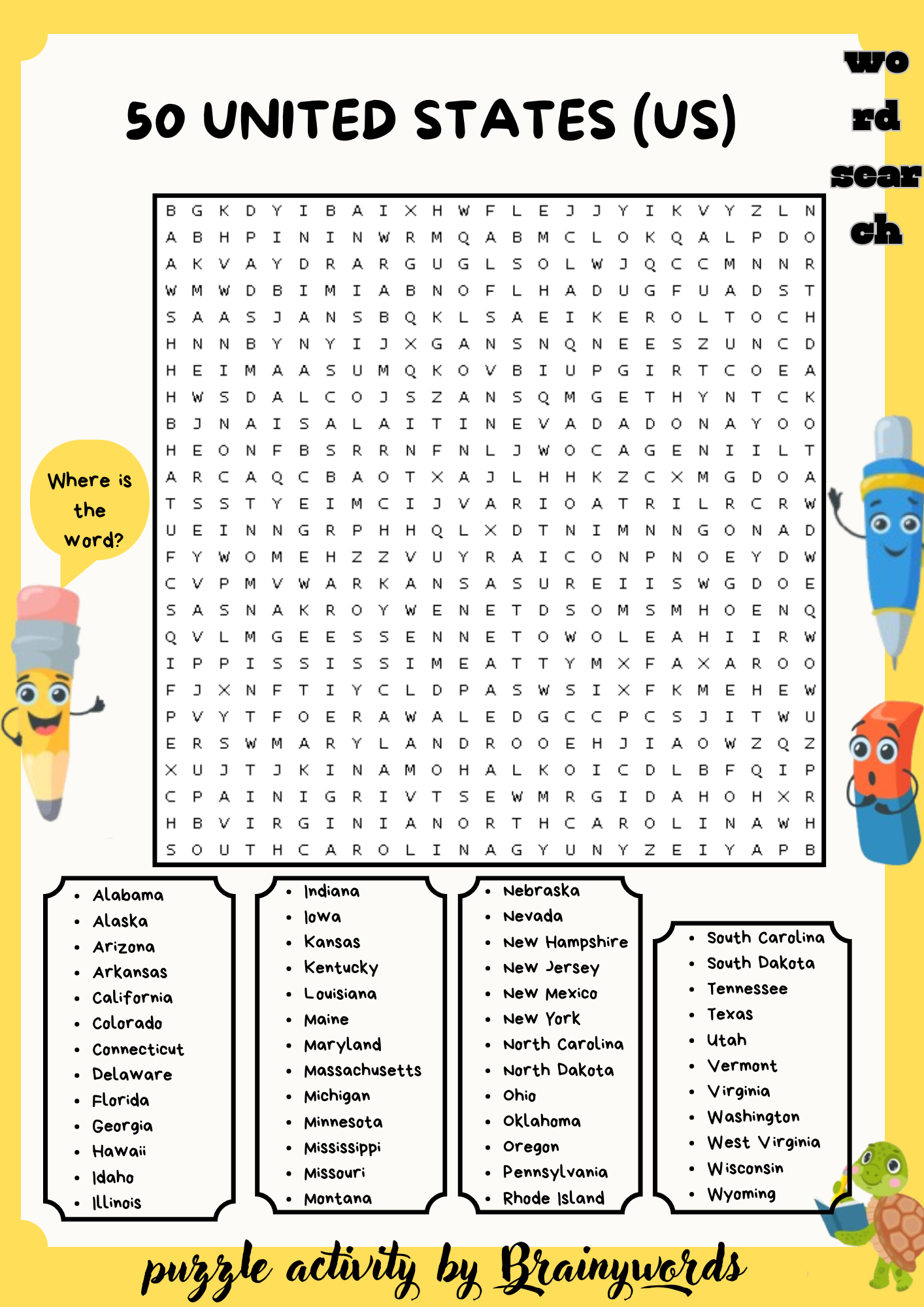 50 United States Word Search Puzzle Worksheet Activity
