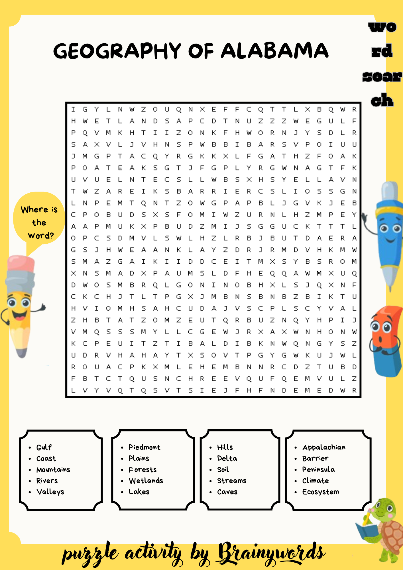Geography of Alabama Word Search Puzzle Worksheet Activity