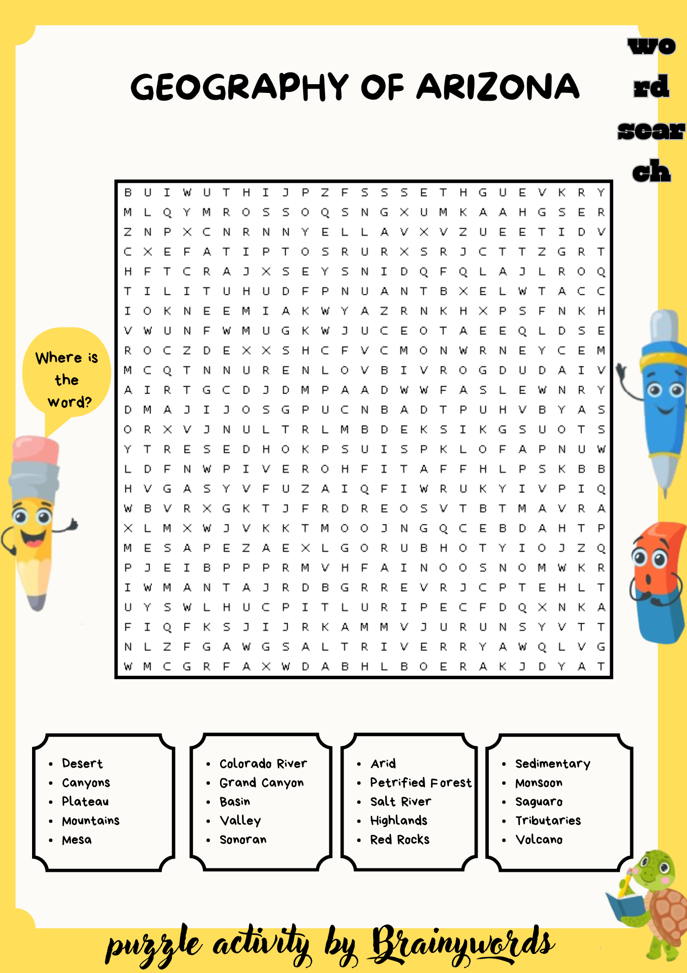 Geography of Arizona Word Search Puzzle
