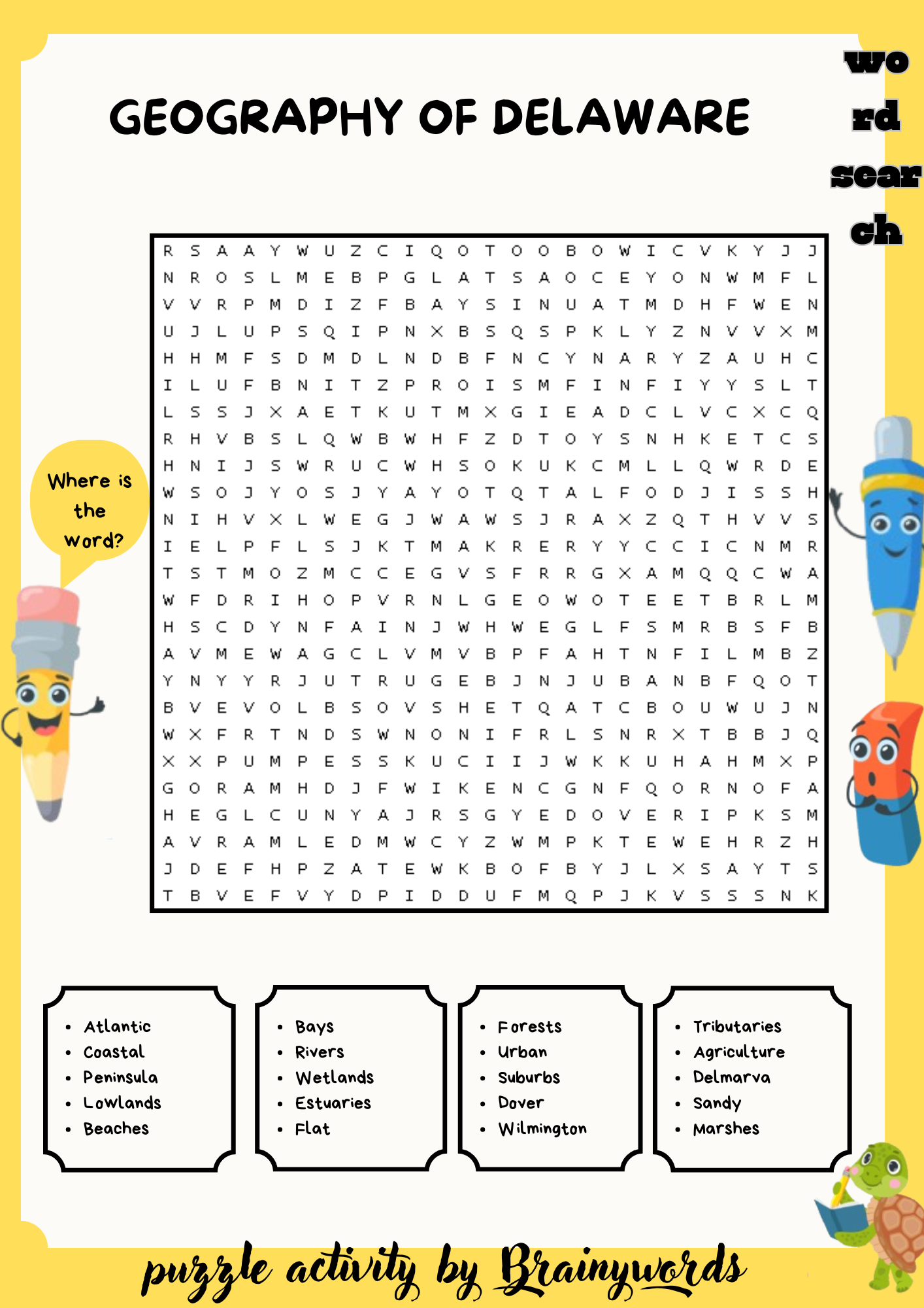 Geography of Delaware Word Search Puzzle worksheet activity