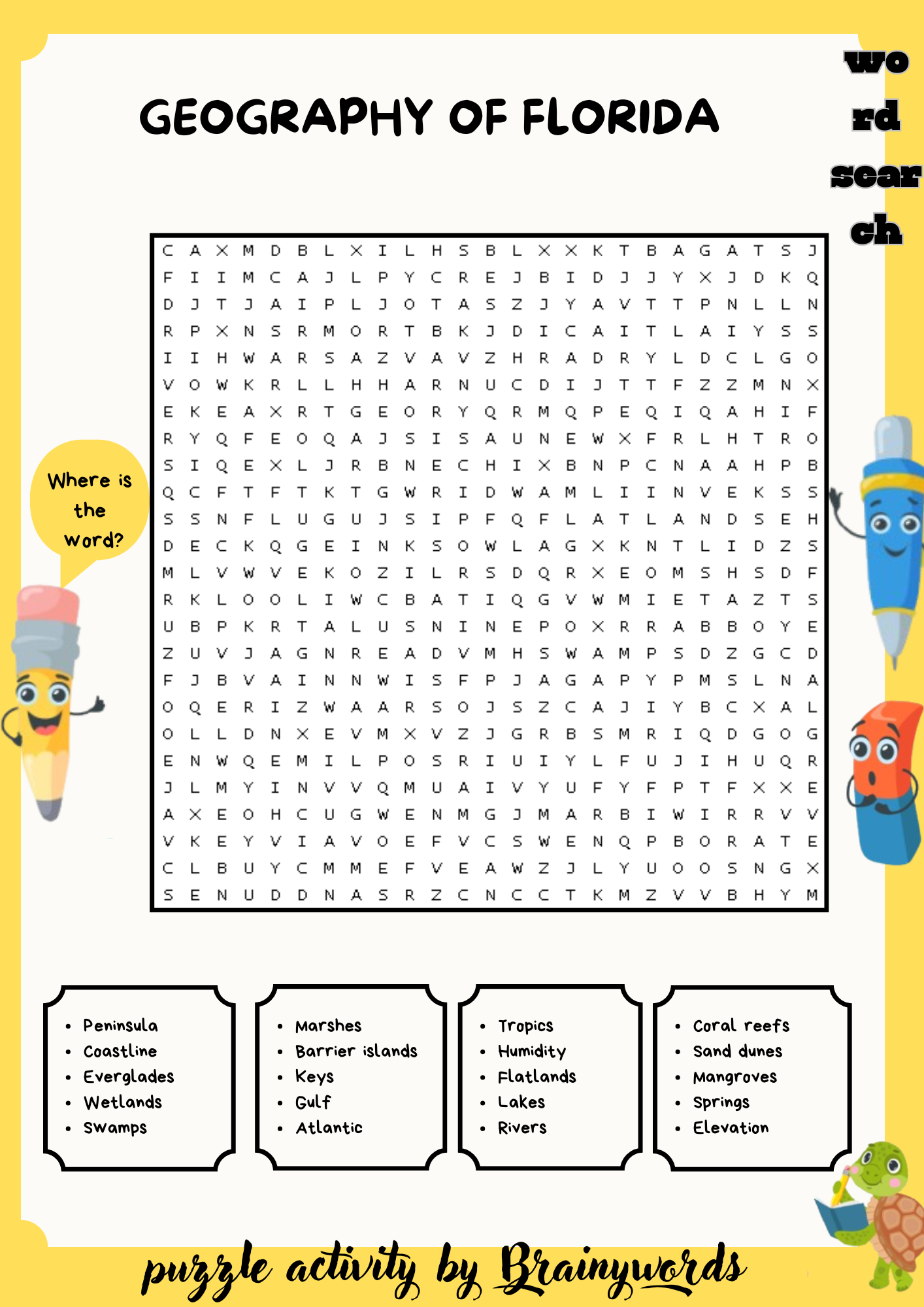 Geography of Florida Word Search Puzzle worksheet activity
