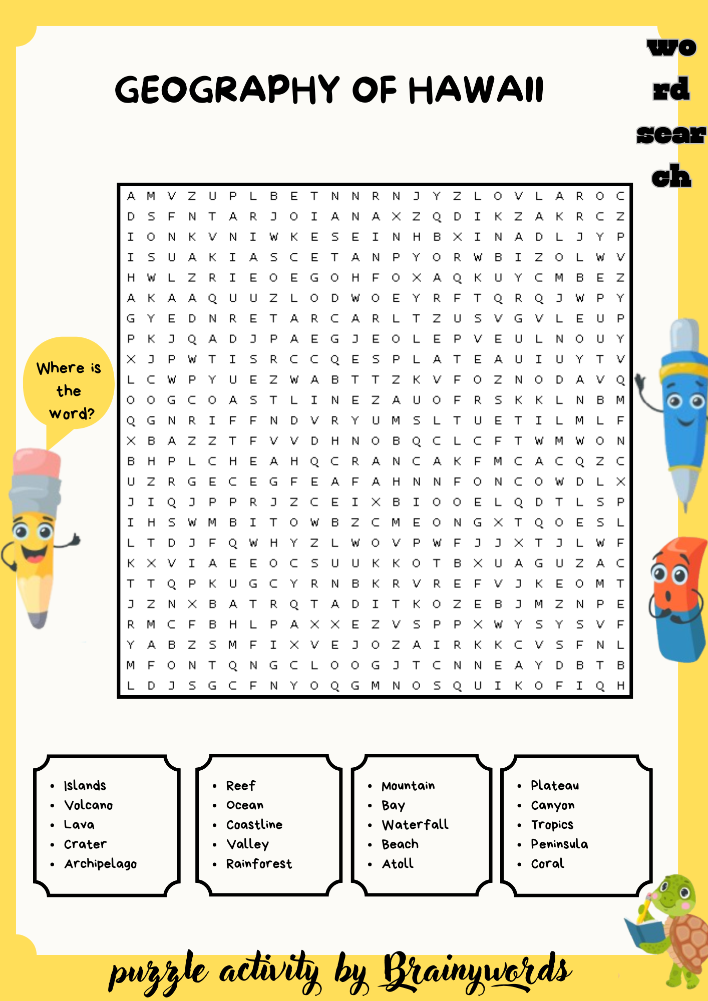 Geography of Hawaii Word Search Puzzle worksheet activity