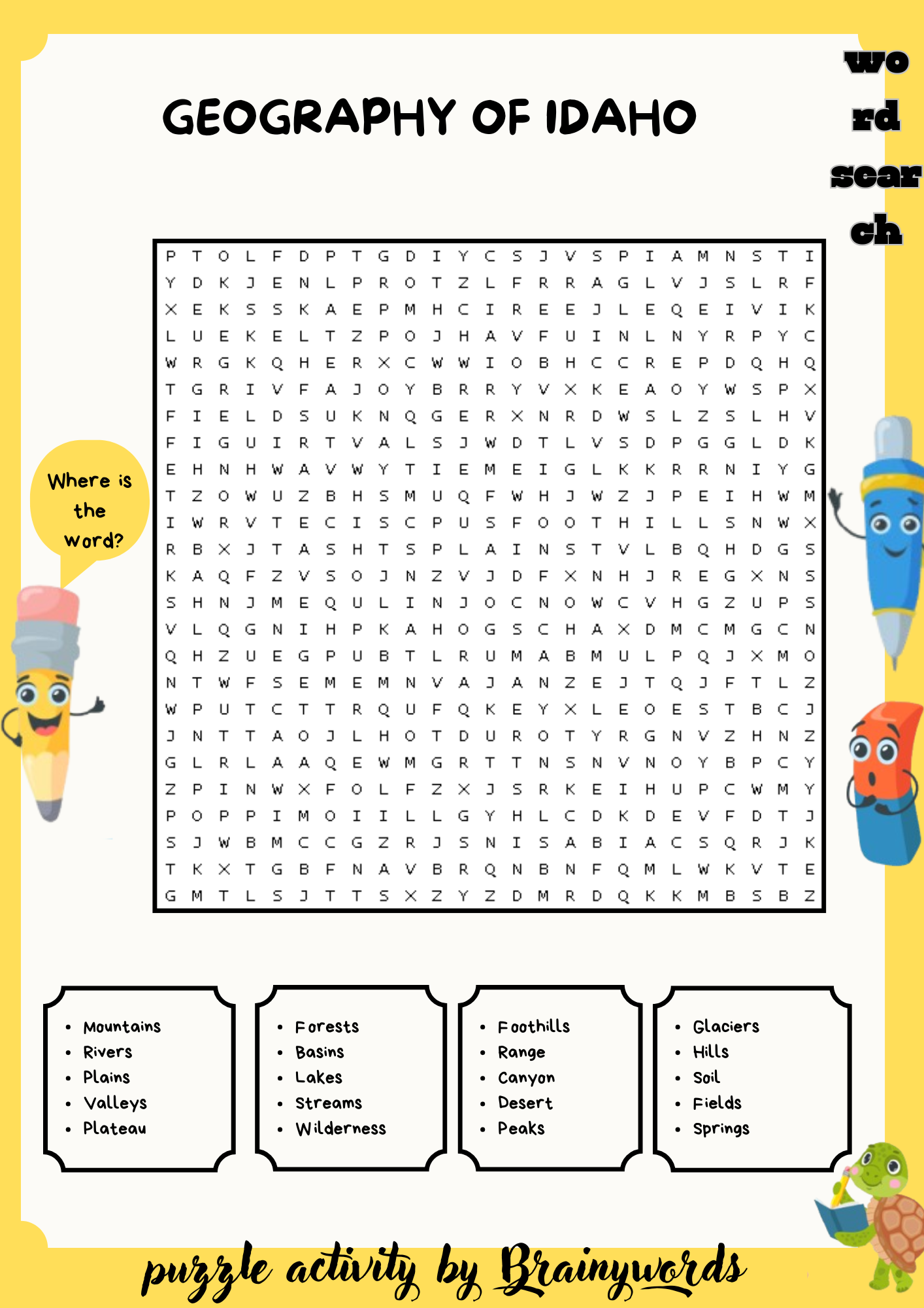 Geography of Idaho Word Search Puzzle worksheet activity