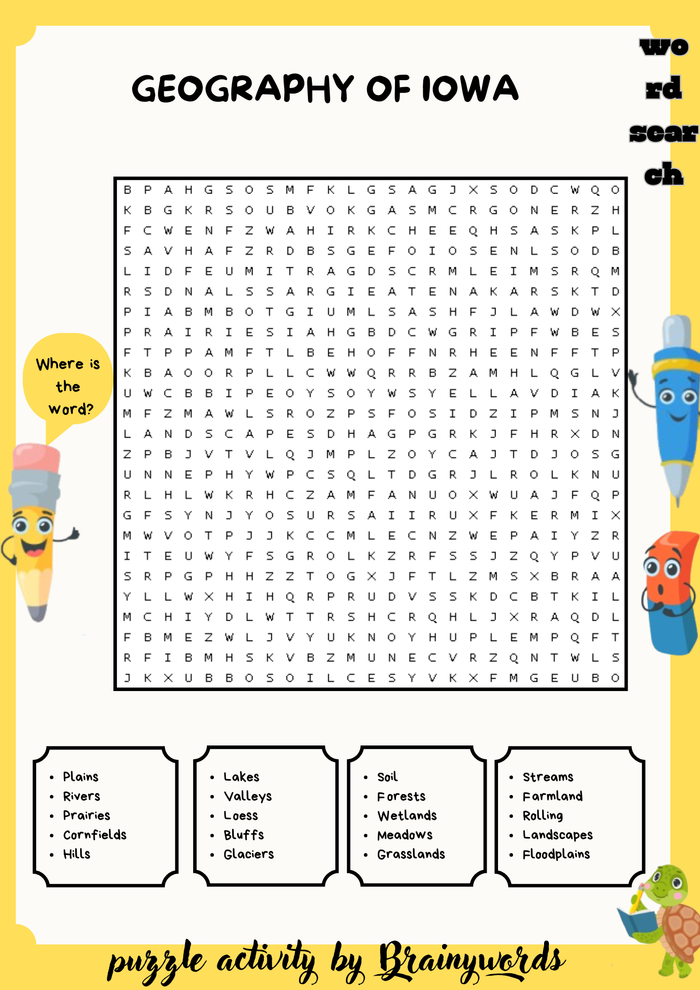 Geography of Iowa Word Search Puzzle Worksheet Activity