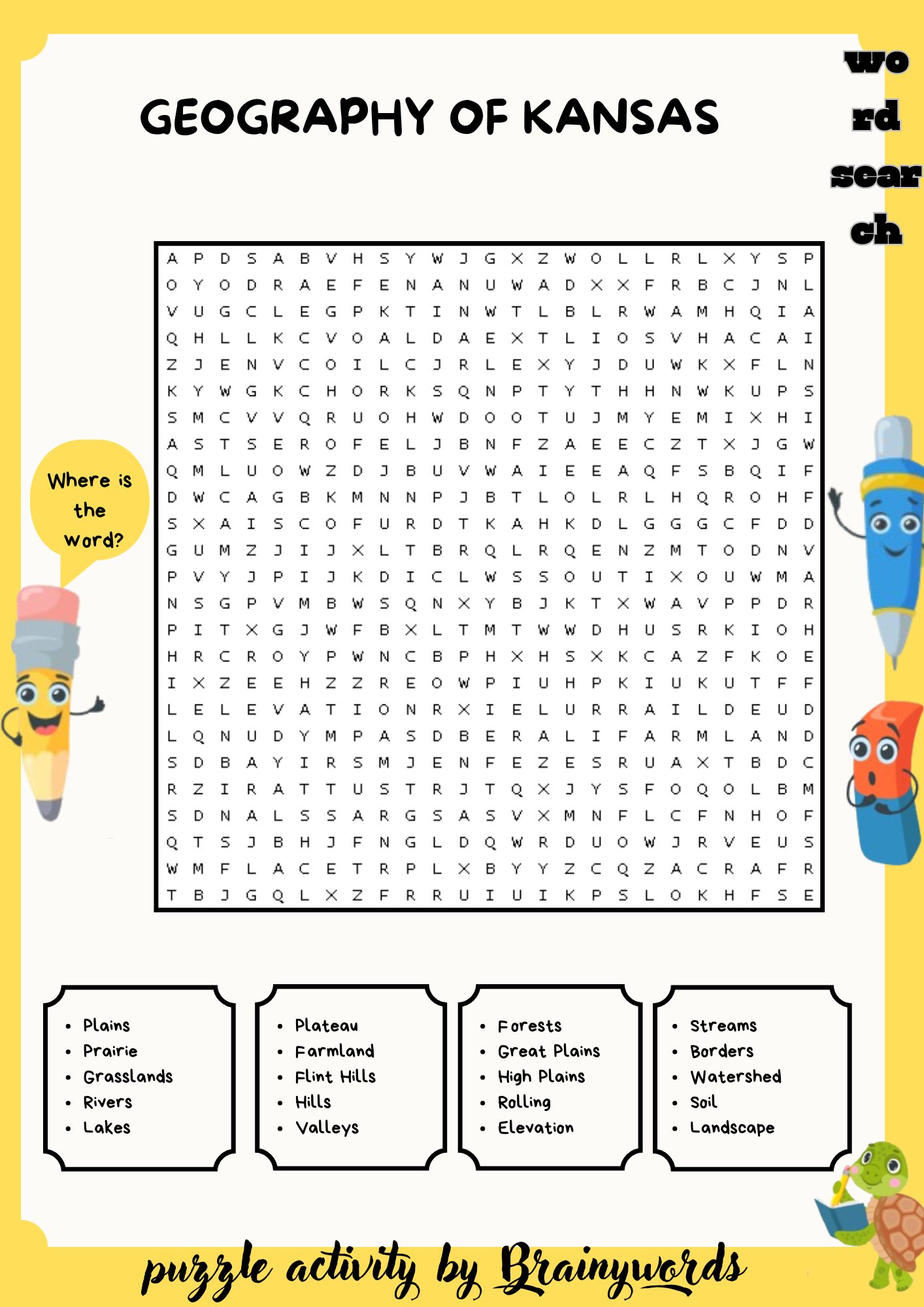 Geography of Kansas Word Search Puzzle
