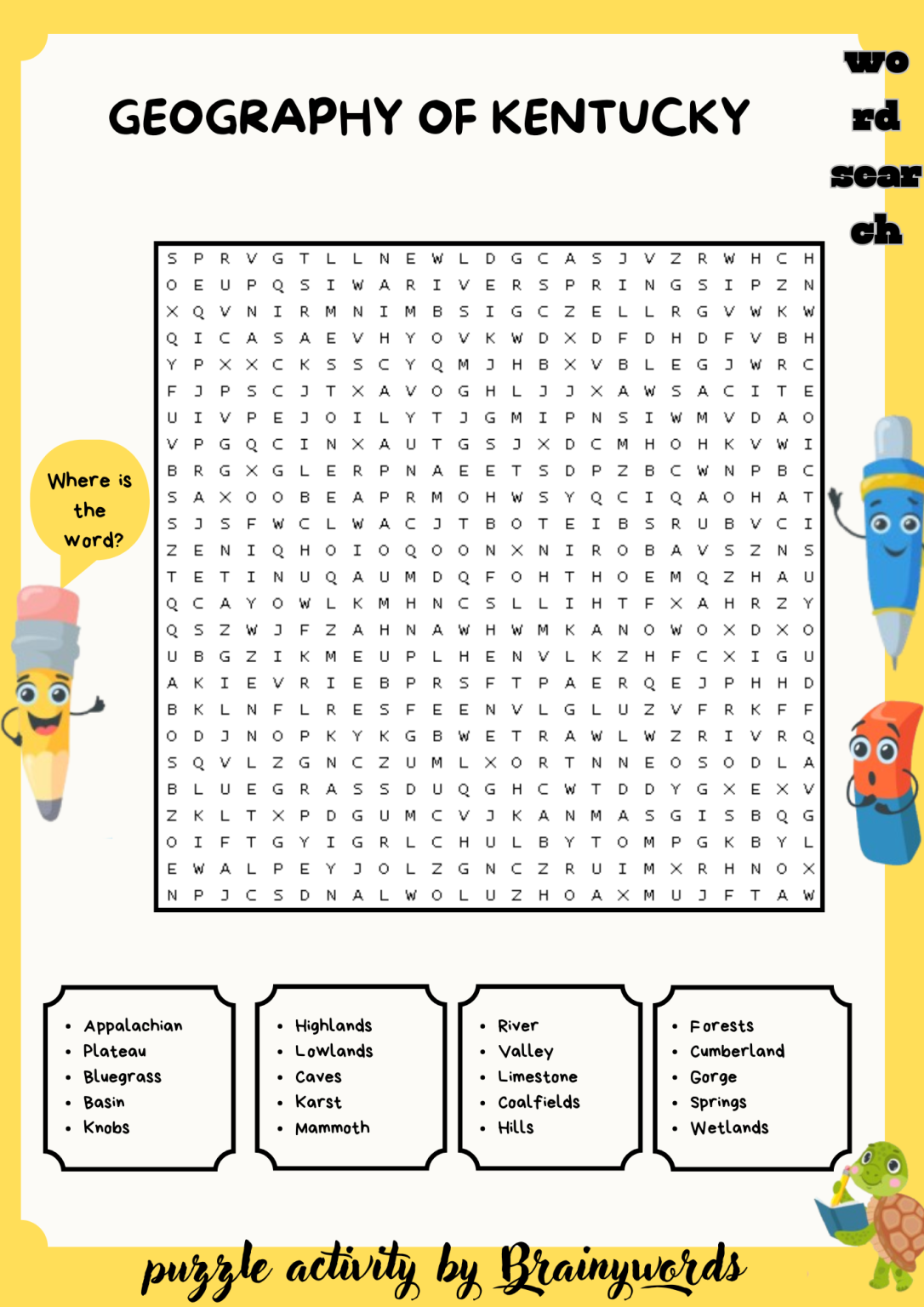 Geography of Kentucky Word Search Puzzle worksheet activity | Made By ...