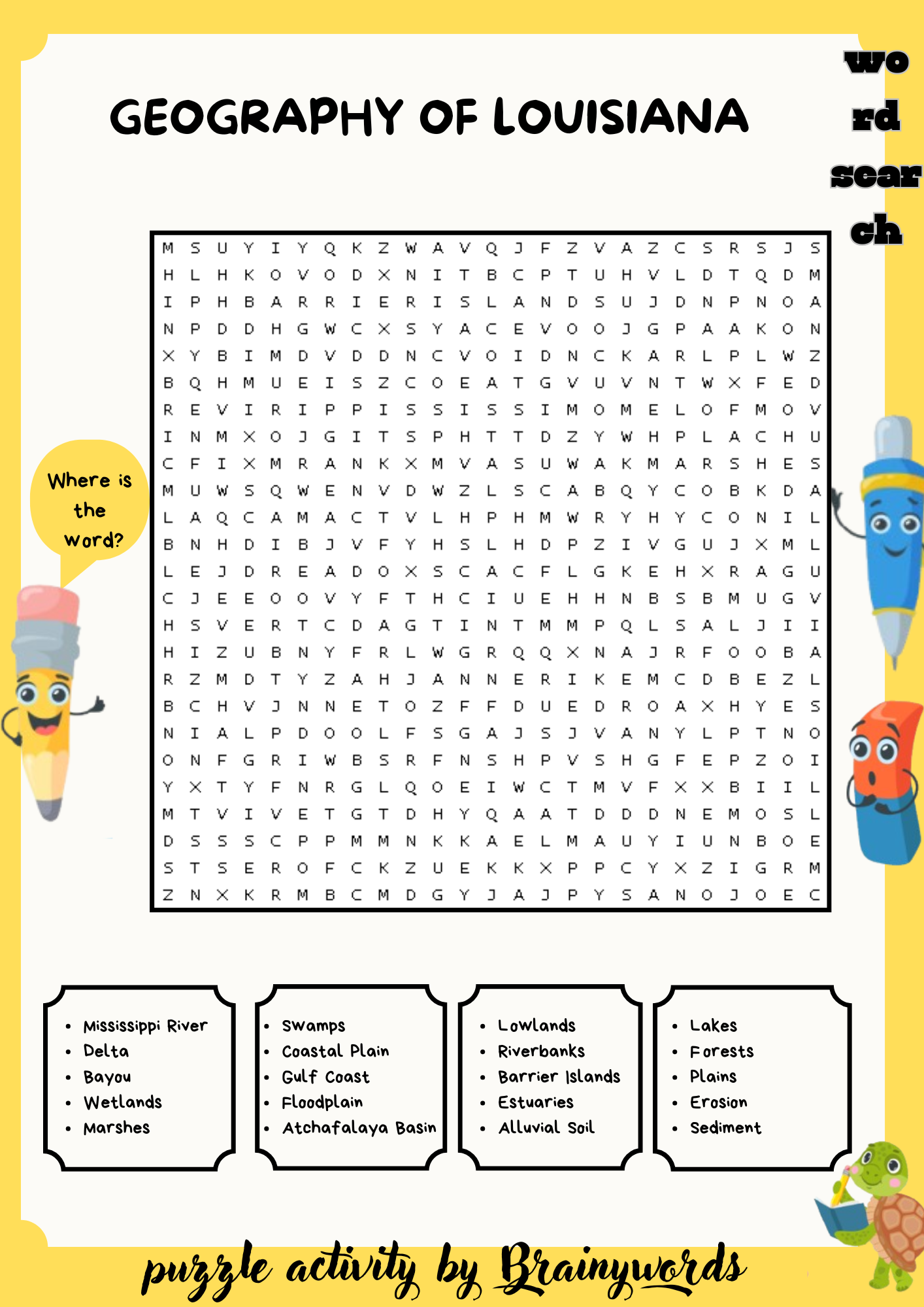 Geography of Louisiana Word Search Puzzle worksheet activity