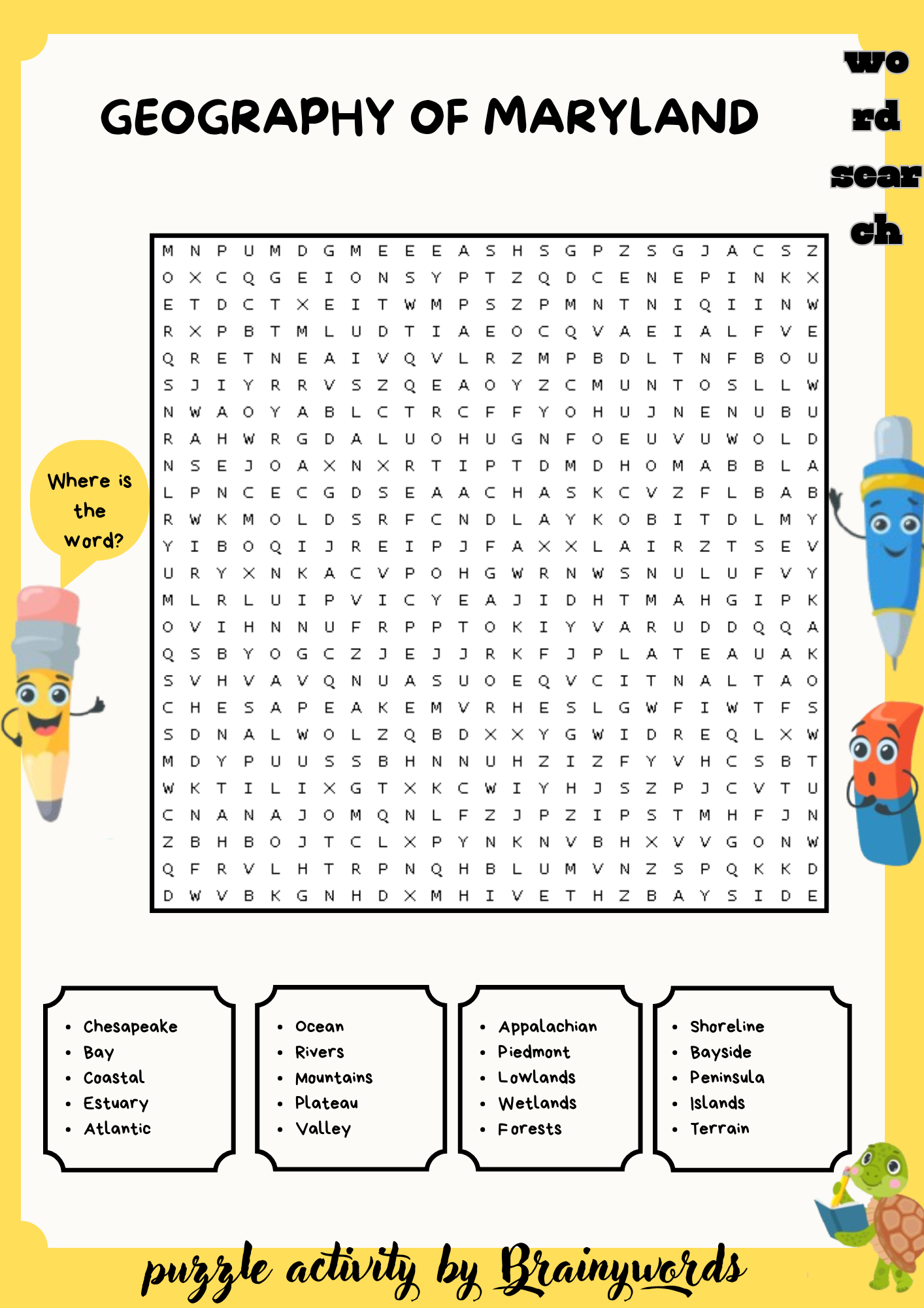 Geography of Maryland Word Search Puzzle